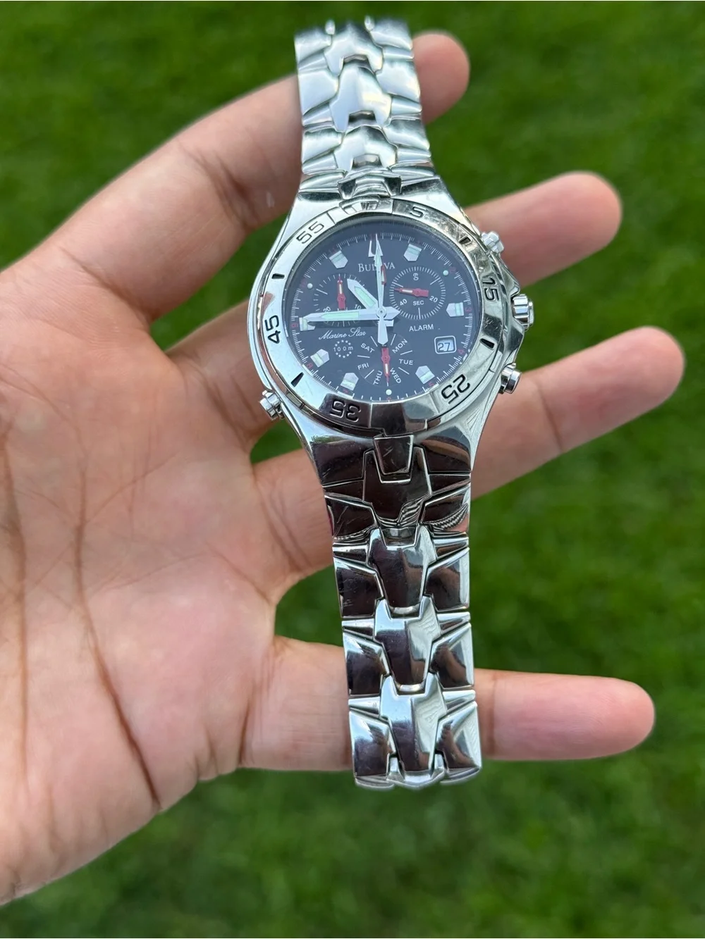 Bulova marine star Silver men’s  Watch with Black Dial and Red Accents